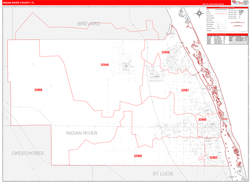 Indian RiverCounty, FL Wall Map Zip Code Red Line Style 2024